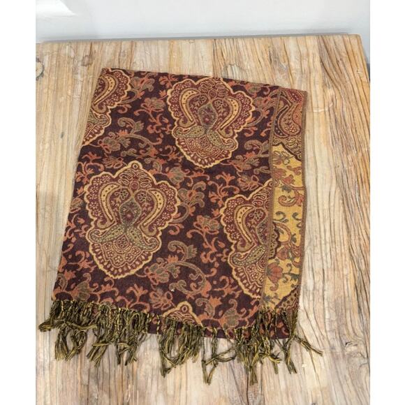 Boho Paisley Pashmina Shawl Scarf Wrap Fringe Edge Burgundy Tapestry Style - Picture 1 of 2